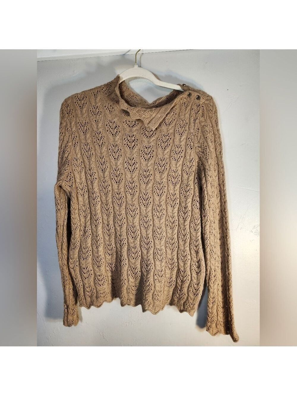 Chaps Open Knit Scalloped Hem & Collar Elegant Tan Cable Knit Sweater Sz L